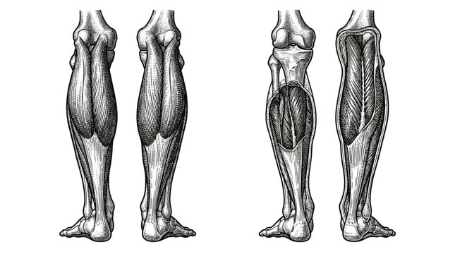 Anatomical illustration of the human calf muscles, showing both superficial and deep muscle layers from posterior and lateral views.
