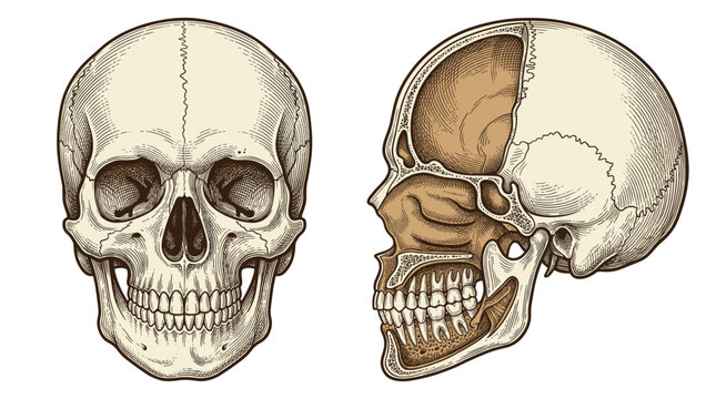 Anatomical illustration of the human skull shown from the front and in a sagittal view, highlighting bone structure and cranial cavity.