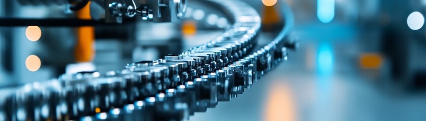 Fototapeta premium Dynamic close-up of a modern industrial conveyor chain, with gleaming metal links in sharp focus against a bokeh backdrop of cool blue and warm orange lights, signifying efficient