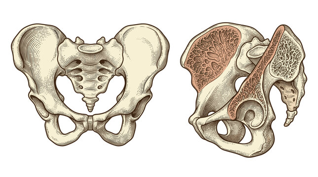 Anatomical illustration of the human pelvis from anterior and lateral views, highlighting bone structure and musculature.