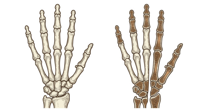 Illustration comparing a healthy human hand skeleton with one affected by a degenerative bone condition, highlighting affected phalanges and metacarpals.