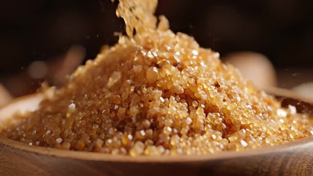 Closeup of Golden Quinoa Grains Pouring into a Wooden Bowl.