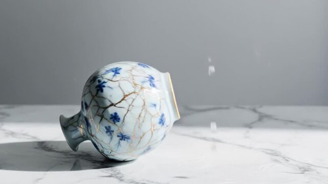 Kintsugi Vase with Blue Flowers Water Splash