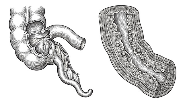 Anatomical illustration of the small intestine, showing its coiled structure and a cross-section revealing its internal mucosal folds and villi.