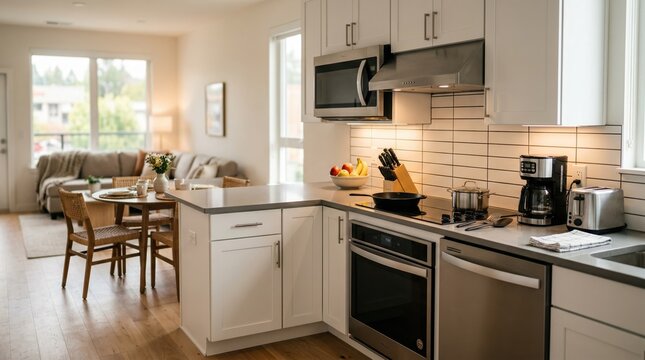 Medium shot capturing a furnished apartment kitchen with modern appliances in sharp focus blurred background showing cozy dining area for rental presentation.