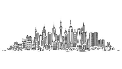 Fototapeta premium A black and white illustration of a city skyline with tall buildings.
