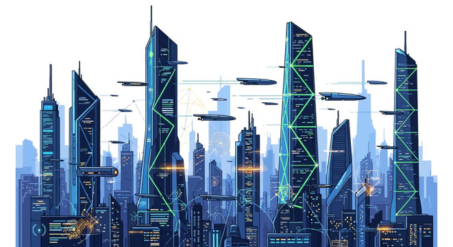 Futuristic cityscape with sleek skyscrapers and flying vehicles.