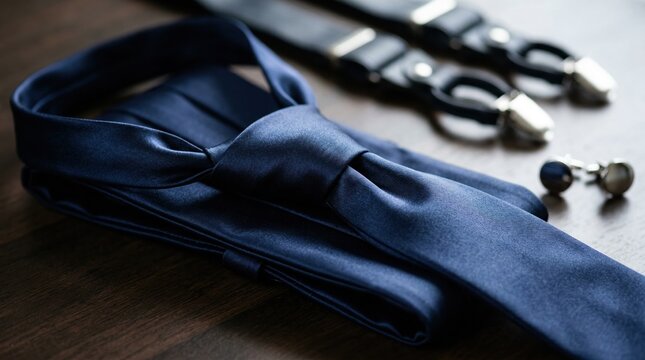 Closeup of a satin tie and matching cummerbund set elegantly bundled with blurred suspenders and cufflinks in the background highlighting luxurious fabric texture.