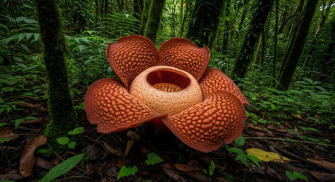 Rafflesia arnoldii, the world's largest flower, blooming in a lush rainforest, a rare natural wonder