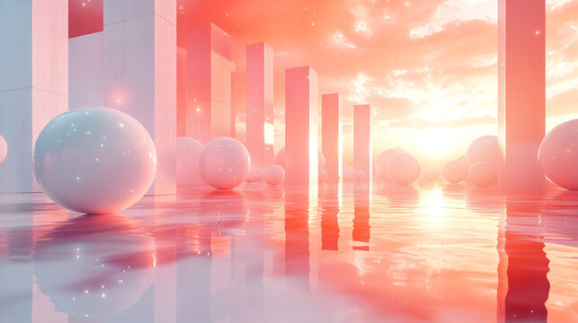 Abstract futuristic city at sunset with pastel colors and spheres.