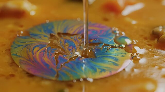 Colorful Oil Slick Swirling in Liquid with Droplets.