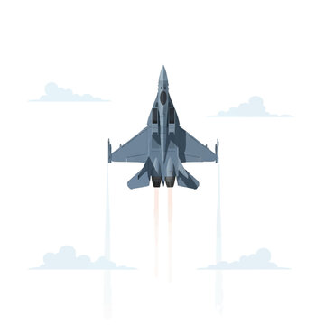 Vector illustration of a gray fighter jet flying upwards with afterburner flames against a white background with light blue clouds.