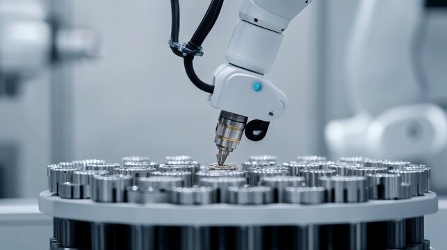 Precision Robotic Arm inspects intricate metallic parts on a rotating carousel, showcasing automated manufacturing and quality control in a modern industrial setting. ,Robotics