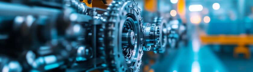 Fototapeta premium Sharp focus on gleaming metallic gears and complex machinery in a vibrant blue industrial factory. Capturing the essence of precision engineering and modern manufacturing. Automation,