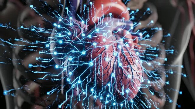 Visualizing a Digital Twin Simulation of a beating human heart as luminous neural networks and algorithmic data nodes synchronize within a semi transparent thoracic cavity