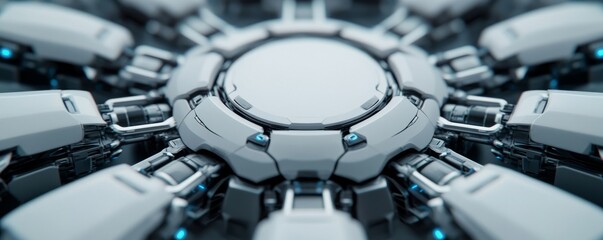 Fototapeta premium Sleek White and Blue Core Macro view of a futuristic, symmetrical radial mechanism with glowing accents, representing advanced tech or AI processing hub. ,Sci-fi, Engineering