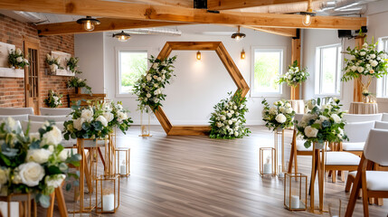 Fototapeta premium Rustic Hexagon Wedding Arch with Abundant White Florals and Gold Accents