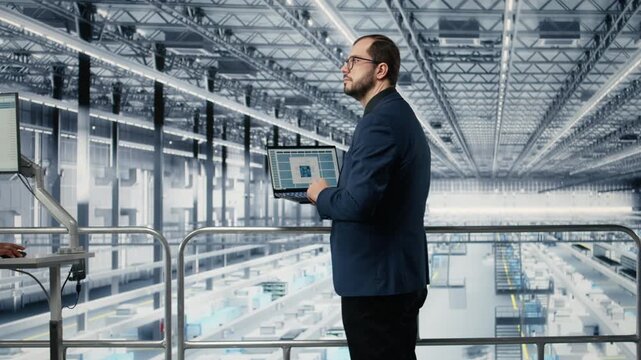 Developing electronics, microchips and man with coworker in advanced automation smart factory. Optimizing semiconductor design flow, simulation software and teamworking colleagues, camera A