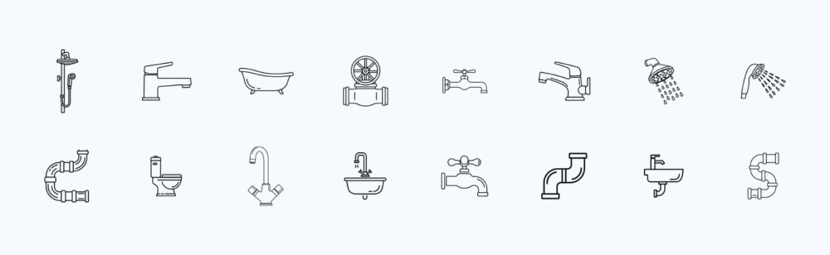 Plumbing and bathroom fixture icon set with taps, sinks, shower, bathtub and water system symbols, minimalist black outline vector collection isolated on white background