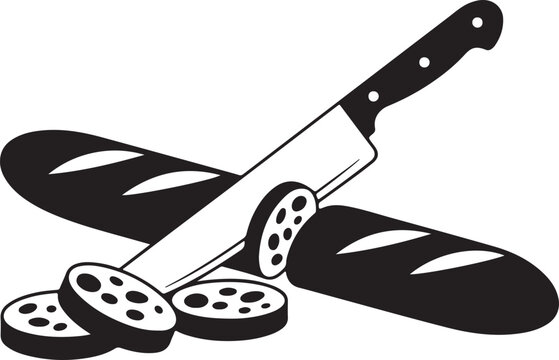 Baguette bread loaf with sliced salami sausage and kitchen knife black silhouette vector illustration isolated on transparent background.