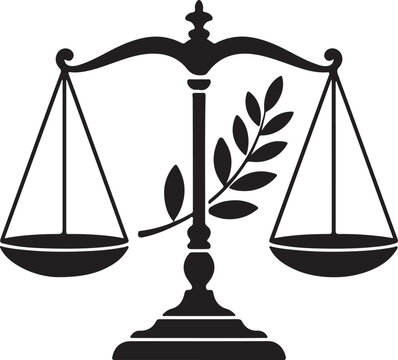 Justice scales symbol with olive branch leaf black silhouette vector illustration isolated on transparent background for legal lawyer.