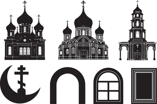 Orthodox church buildings with dome architecture and cross symbols black silhouette vector illustration set on transparent background.