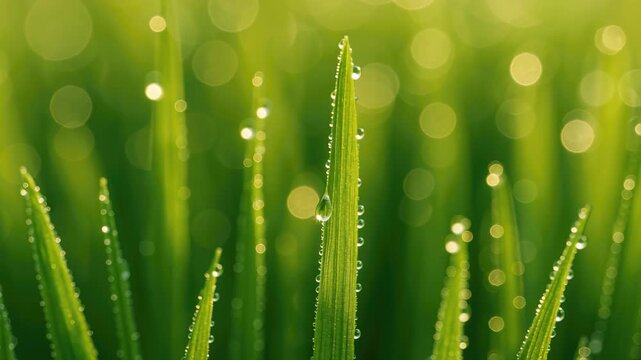 Nature's Jewels: Dewdrops delicately cling to blades of grass, creating a mesmerizing display of nature's beauty and serenity.