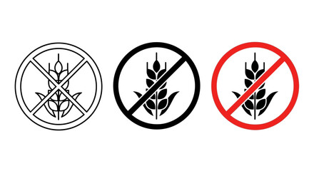Set of three gluten-free icons depicting a wheat stalk crossed out within a circle, symbolizing avoidance of gluten for dietary needs © Stephen