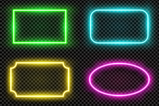 Realistic oval and rectangle colored led neon tube frames isolated on transparent background. Light effect photo frame. Detailed vector illustration