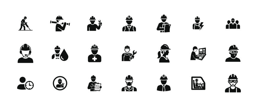 Professional worker and technician silhouette icon set featuring engineers laborers oil workers and service personnel for industrial workforce management human resources and corporate site.