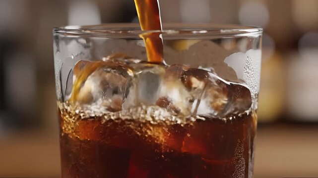 Pouring Cold Brew Coffee Over Ice Cubes in a Glass.