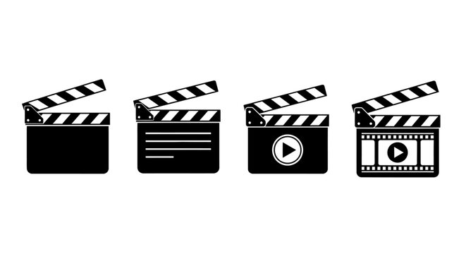 Versatile collection of black-and-white clapperboard icons representing various stages of film and video production, ideal for media projects and creative content