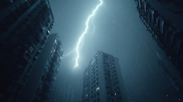A dramatic lightning bolt hitting a solitary high-rise building in a fog-drenched urban area, dark clouds overhead, cinematic wide shot, intense contrast