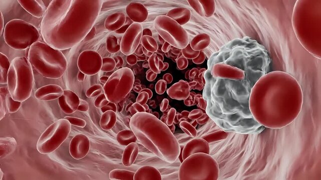 Microscopic view of a white blood cell among red blood cells in a blood vessel.