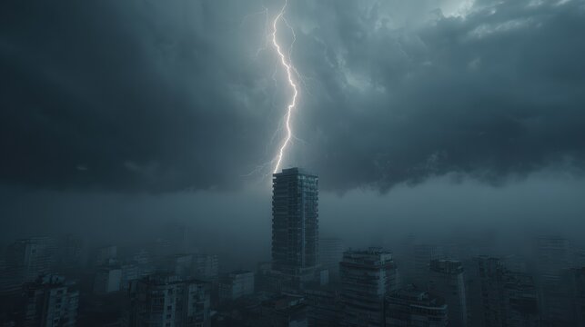 A dramatic lightning bolt hitting a solitary high-rise building in a fog-drenched urban area, dark clouds overhead, cinematic wide shot, intense contrast