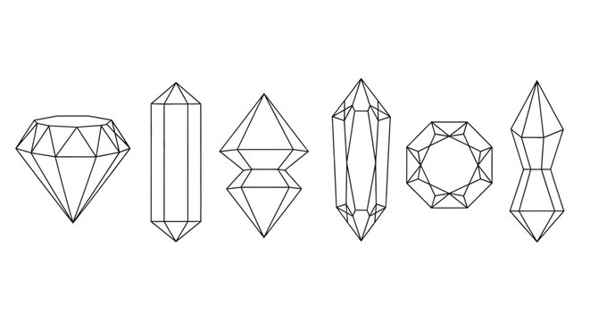 Collection of geometric crystal and gem-like shapes in a linear arrangement, showcasing facets and angular designs