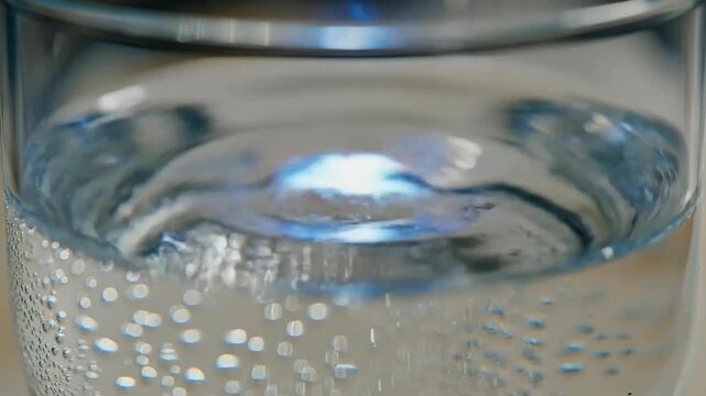An advanced Digital Twin Simulation capturing the precise fluid dynamics of effervescent sparkling water as tiny bubbles ascend through a transparent glass with crystalline clarity