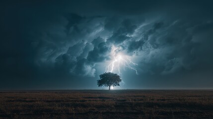 Fototapeta premium A solitary tree absorbing a lightning strike in the middle of a barren field, midnight storm, swirling clouds, intense blue-white lightning, moody cinematic composition