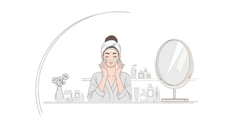 Obraz premium Minimalist Line Art Illustration of a Woman Performing a Daily Skincare Routine with Face Patches and Beauty Products in Front of a Mirror