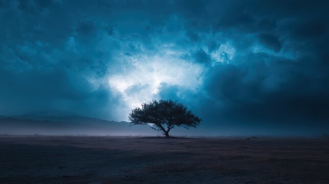 A solitary tree absorbing a lightning strike in the middle of a barren field, midnight storm, swirling clouds, intense blue-white lightning, moody cinematic composition