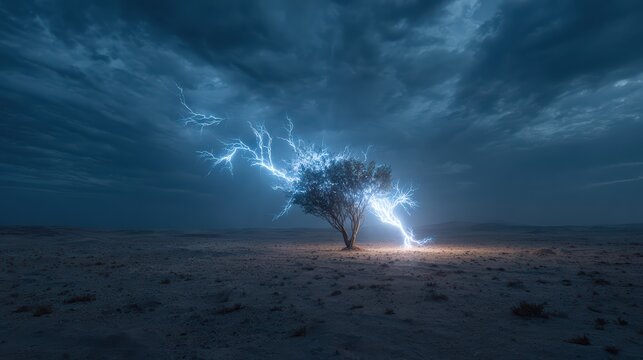 A solitary tree absorbing a lightning strike in the middle of a barren field, midnight storm, swirling clouds, intense blue-white lightning, moody cinematic composition