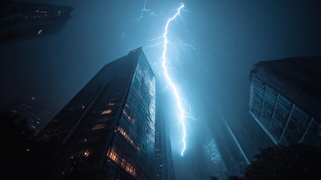 Lightning bolt tearing through storm clouds and striking a city office building, thick mist and rain, dramatic perspective