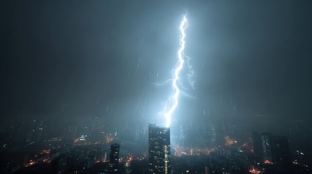 Lightning bolt tearing through storm clouds and striking a city office building, thick mist and rain, dramatic perspective