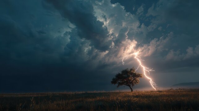 A solitary tree absorbing a lightning strike in the middle of a barren field, midnight storm, swirling clouds, intense blue-white lightning, moody cinematic composition