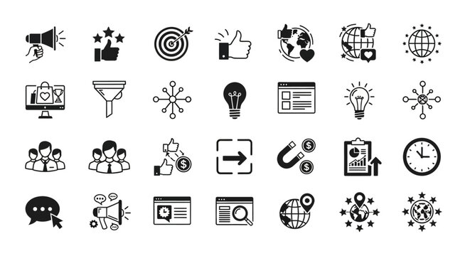 Vector icon set for digital marketing, business strategy, and online promotion, covering social media, analytics, sales funnels, and communication concepts