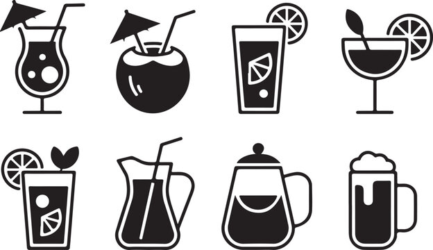 Set of eight stylized black beverage icons including cocktails coconut drink and juice pitcher for summer celebration.
