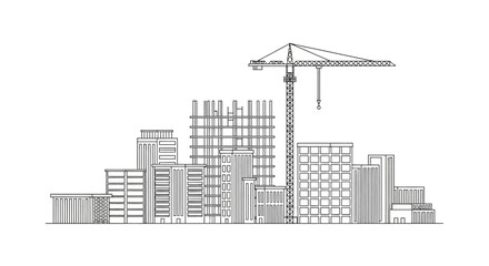 Obraz premium Modern City Construction Skyline Line Art Illustration with Tower Crane and Building Development