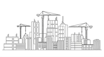 Obraz premium Modern City Skyline Under Construction Illustration with Cranes and Buildings Line Art