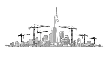 Obraz premium Modern City Skyline Construction Line Art Illustration with Skyscrapers and Industrial Cranes - Urban Development and Architecture Outline on White Background