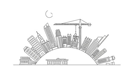 Obraz premium Modern City Skyline Line Art Illustration with Skyscrapers and Construction Crane on Globe, Urban Development Concept Vector Drawing